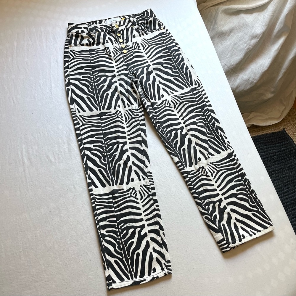 House of Sunny white black zebra print denim cropped tapered straight leg jeans